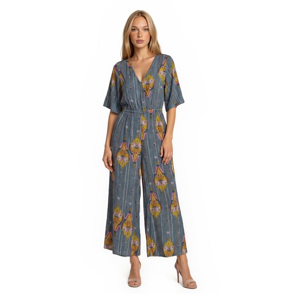 Jaase Jumpsuit Women's Size XS‎ Blue Medallion Floral Wide Leg Kimono Sleeve